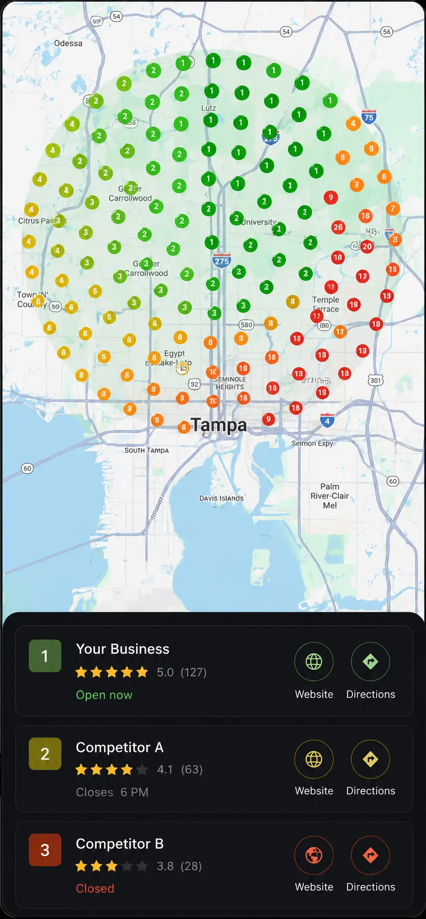Map of a Tampa service area covered in local ranking pins — green #1 rankings near the business, fading to red where competitors win